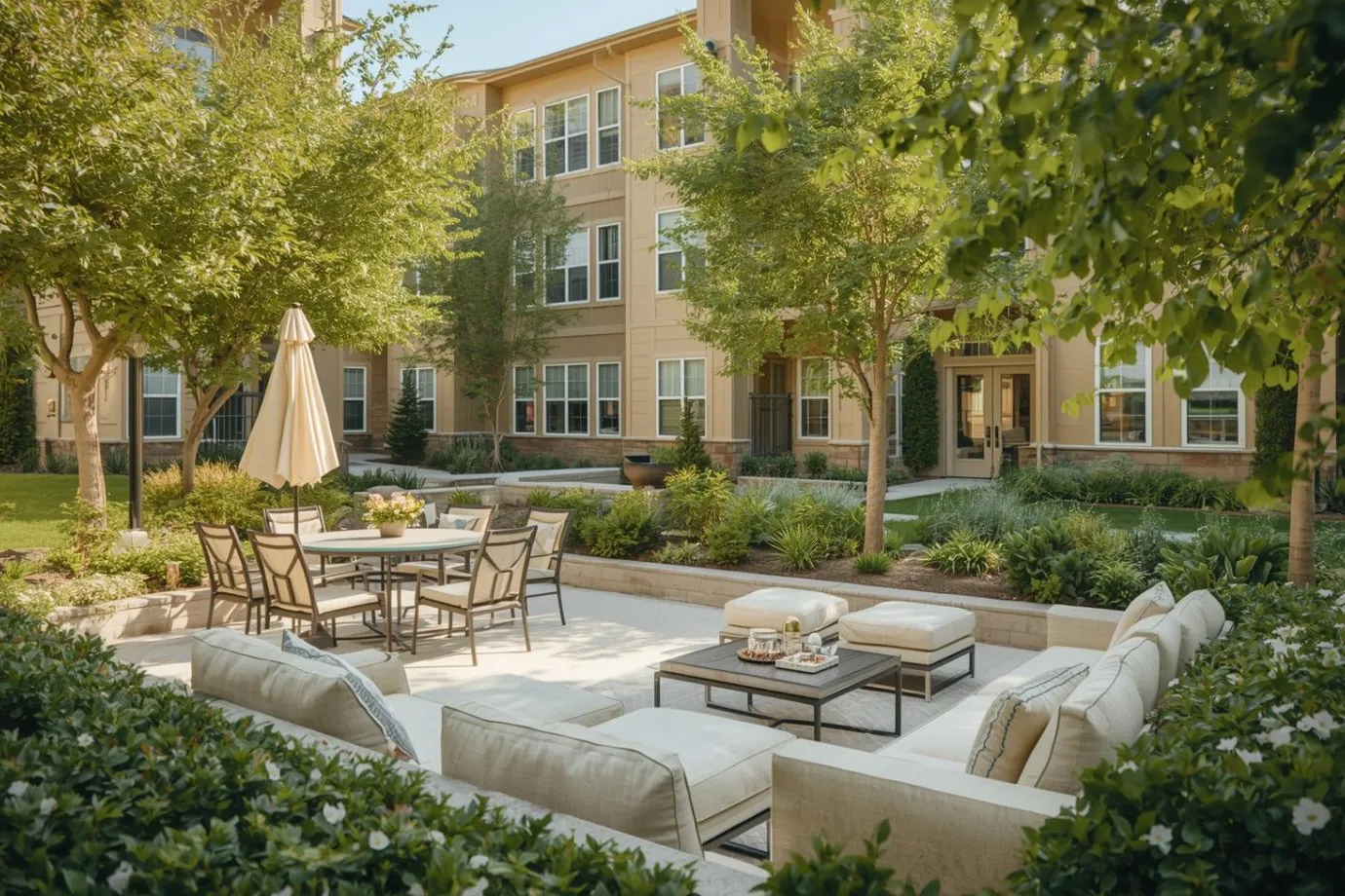 A landscaped community courtyard with seating and mature trees — representative portfolio imagery.